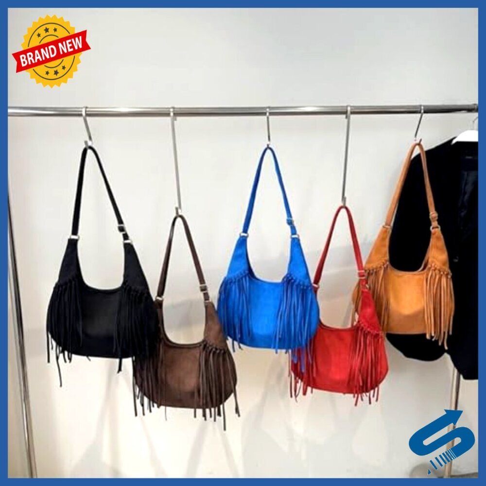 Frosted Fringe Hobo Bag Suede Leather Bohemian Shoulder Purse Tassel Bucket - Picture 5 of 6